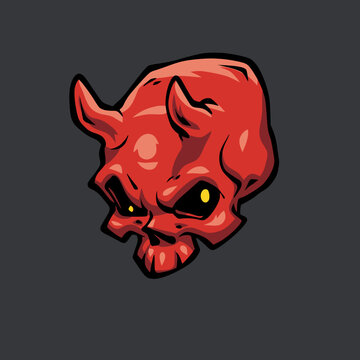 Horned Red Demon Skull Cartoon Vector Illustration Tilted Down 