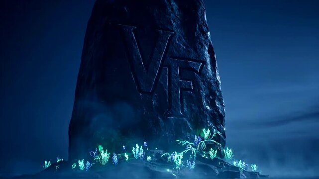 Mysterious Glowing Crystals Emerge from Ancient Monolith in Ethereal Blue Light.