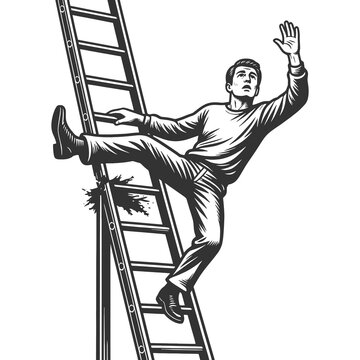 man slipping and falling from a ladder, workplace accidents, safety risks, danger, and occupational hazards sketch engraving generative ai raster illustration. Black and white image.