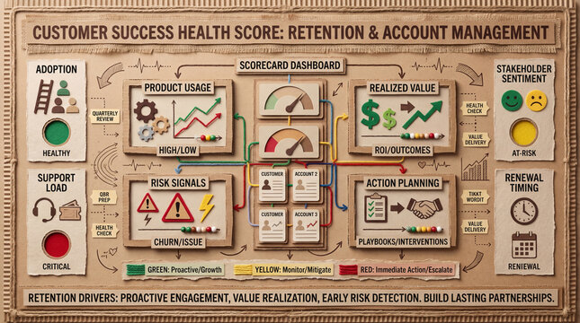 Customer Success Health Score Educational Poster with Usage Value Risk and Actions.