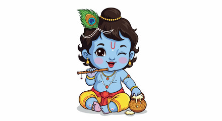 Naklejka premium Illustration of a blue-skinned Hindu deity Krishna sitting cross-legged, playing a flute with a peacock feather on his head, against a plain white background.