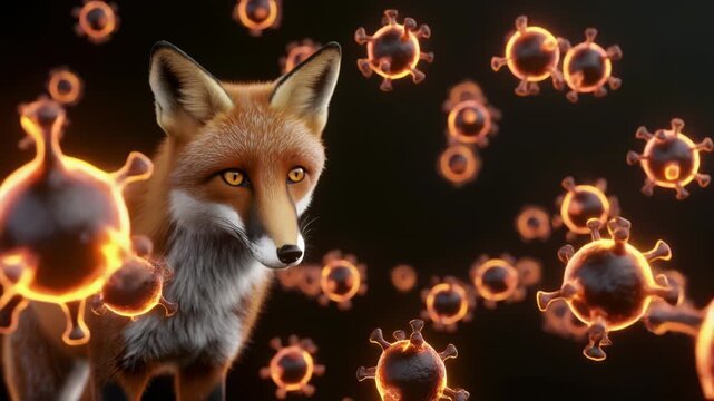 発光する抗体分子とリアルなキツネが象徴する免疫と健康コンセプトのスタジオ表現