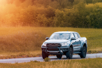 Front push bar detail on pickup truck outdoors © AlexGo