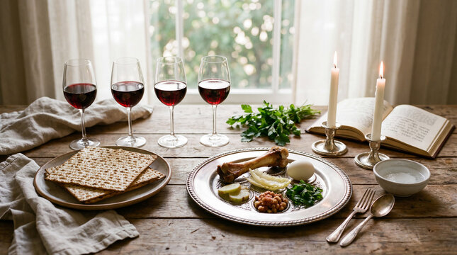 Traditional Passover Seder table setting with four glasses of red wine, matzo, and a Seder plate with symbolic foods. Elegant Jewish holiday scene with lit candles and a Haggadah on a wooden table.