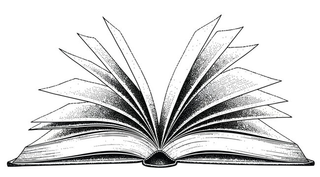 An open book with pages fanned out isolated on white background in a classic illustration style