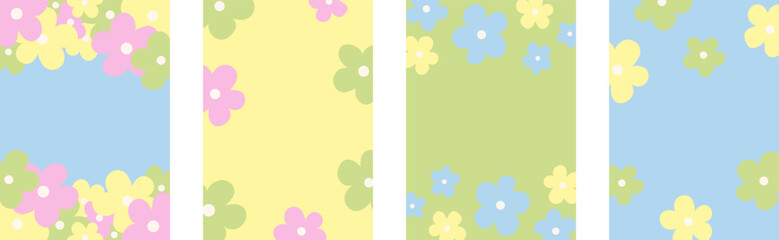 Set of cute pastel floral background templates with simple cartoon flowers in pink, yellow, blue, and green. Minimal spring design perfect for greeting cards, invitations, social media, and posters © thebeststocker
