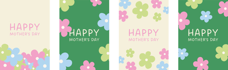 Set of cute Mother’s Day greeting card templates with pastel cartoon flowers in pink, blue, and green. Minimal flat design perfect for holiday greetings, invitations, posters, and social media © thebeststocker