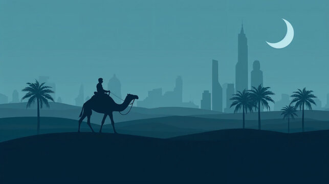 illustration minimalist silhouette of a desert scene at night. A lone rider on a camel is crossing sand dunes. In the background, a grand city skycraper and palm trees 