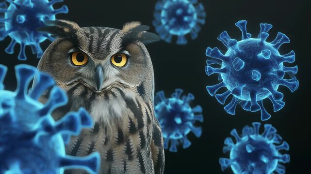 神秘的なフクロウと青く輝く免疫細胞が象徴する生命防御コンセプト