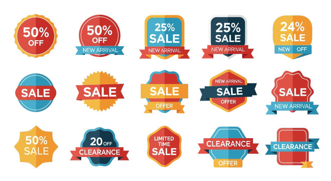 Colorful sale and discount badges collection for retail marketing and promotions