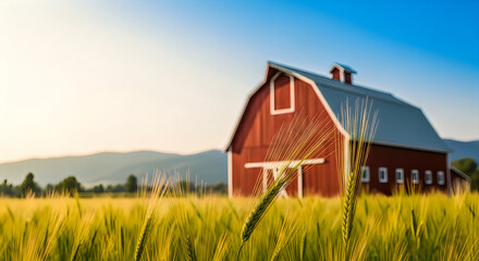 Obraz premium Redbarninfieldofgoldenwheatwithmountainrangeinbackgroundatsunset