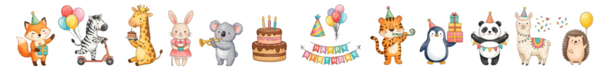 Cute birthday animals watercolor set with fox, zebra, giraffe, pand,a llama, rabbit, tiger clipart. Collection of Vector illustrations. Perfect for invitation, card, poster, banner, decoration © maria