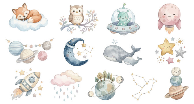 Cute baby nursery space animals planets moon stars rocket watercolor set art Collection of Vector illustrations. Perfect for invitation, card, poster, banner, decoration
