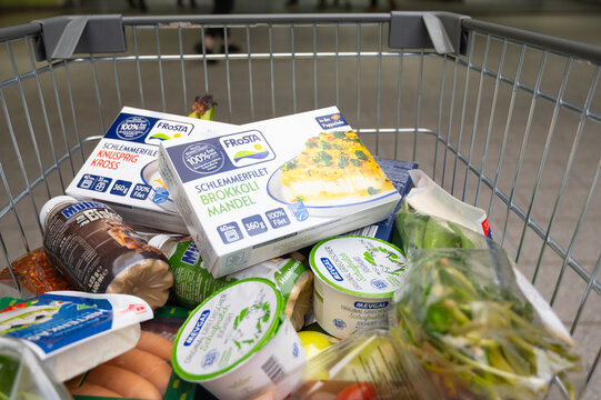 Frosta fish, fresh vegetables, yoghurt and cheese, shopping cart with food, buying grocery, supermarket, increase prices, inflation, Trier, Germany