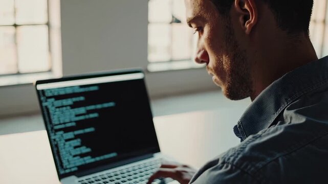 Software developer intensely concentrating on programming task, typing complex code on laptop while working in bright, modern office space with natural light streaming through windows