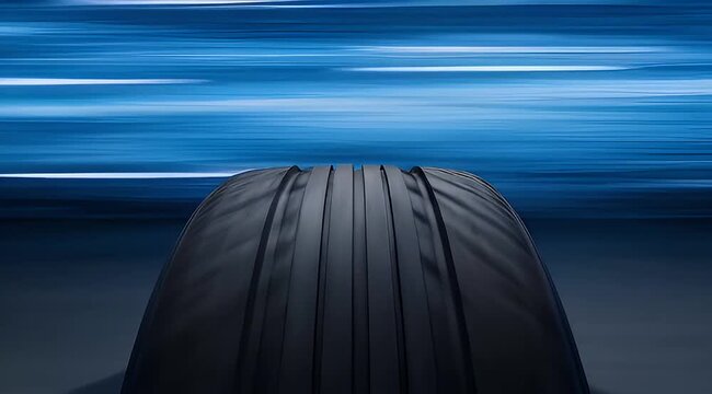 Sleek black tire speeding on a blue and white motion blur background