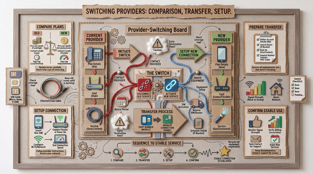 Switching Provider Educational Poster Infographic with Comparison Transfer and Setup Process.