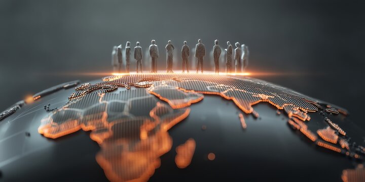 Global Business Team Collaboration Around Digital World Map Demonstrating International Strategy Leadership Partnership And Economic Development