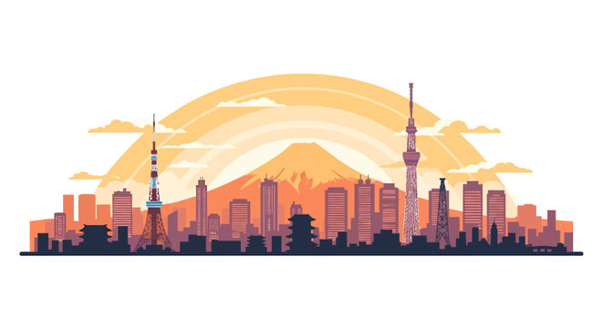 Tokyo city skyline minimalist illustration with sunset