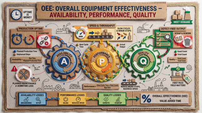OEE Educational Infographic Poster with Availability Performance and Quality Factory Board.