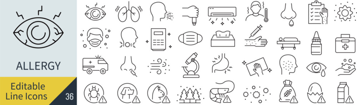 線の編集ができるアレルギーに関するアイコンセット（アウトライン化していない）
