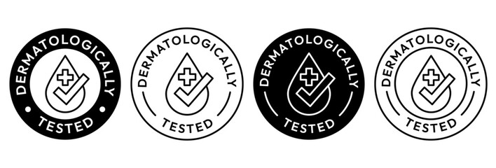 Set dermatologically tested with water drop, tick, mark, hand, icon, label, logo, badge, line, vector, isolated. Dermatology test, dermatologist, clinically proven, sensitive skin, skincare symbols. © IQ art_Design