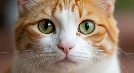 A close-up portrait of a beautiful orange and white cat with green eyes