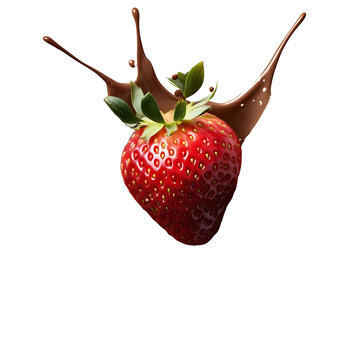 Isometric view of a strawberry with a surrounding chocolate splash isolated on a white background The splash is styled in a dynamic agedcanvas motion design insp