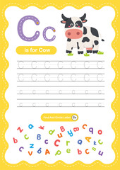 Alphabet Letter C Tracing Worksheet for Kids, Preschool and Kindergarten Handwriting Practice, C is for Cow ABC Learning Printable © Jehsomwang