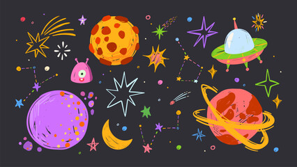 Crayon hand drawn space doodles with planets, alien and rocket, cartoon vector set isolated on black. Childlike cosmic sketches, spaceship, moon, and colorful galaxy elements for kids universe designs © klyaksun