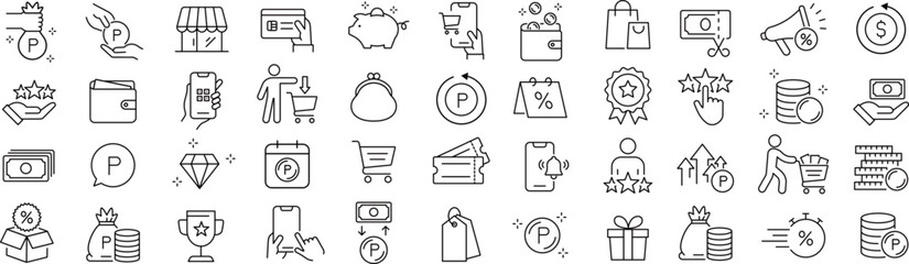 ベクターでモノクロのポイントに関する線画アイコンセット 