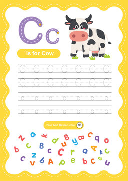 Alphabet Letter C Tracing Worksheet for Kids, Preschool and Kindergarten Handwriting Practice, C is for Cow ABC Learning Printable