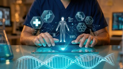 healthcare, medical technology, biotechnology, DNA, digital health, genetics, innovation. Doctor uses holographic tablet for advanced genetic research and human body analysis.