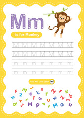Fototapeta premium Alphabet Letter M Tracing Worksheet for Kids, Preschool and Kindergarten Handwriting Practice, M is for Monkey ABC Learning Printable