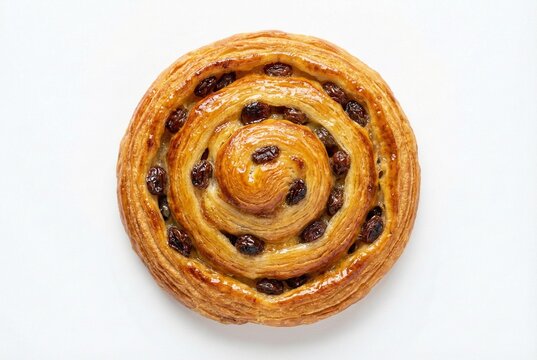 Traditional French Pain Aux Raisins Pastry Spiral Roll with Raisins and sweet glaze isolated on white background, top view for bakery menu and food design elements.