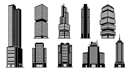 Black and White Silhouette Icons of Modern City Skyscrapers, Architecture, Business
