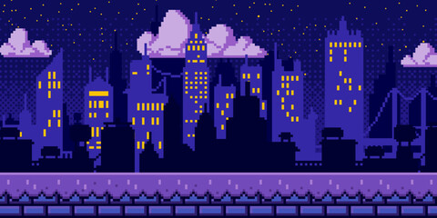 Pixel art city night background with retro 8-bit buildings, bright purple sky and yellow stars, cartoon vector illustration. Mosaic texture, urban game level design for arcade video games © klyaksun