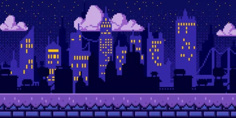 Fototapeten Violett Pixel art city night background with retro 8-bit buildings, bright purple sky and yellow stars, cartoon vector illustration. Mosaic texture, urban game level design for arcade video games  © klyaksun