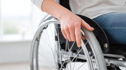 Woman in wheelchair pushing wheel with hand. Disabled person with mobility aid for everyday life. Healthcare support and accessibility challenge for invalid during recovery and rehabilitation.