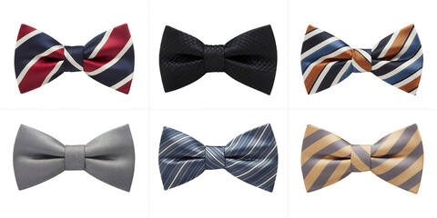 Six bow ties in various colors and patterns on white background