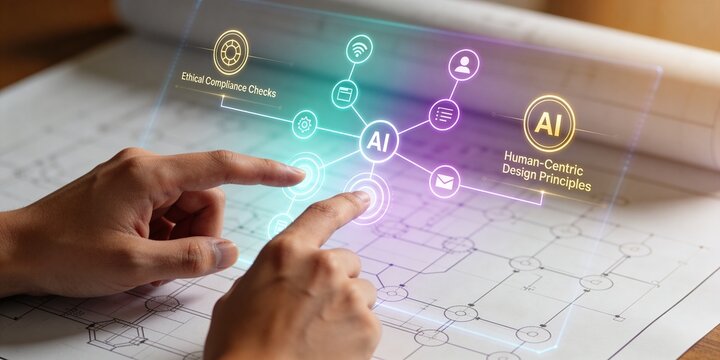 Hands using holographic AI ethics compliance blueprint with human centric design principles for business technology banner