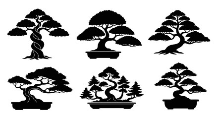 Black White Silhouette Bonsai Trees In Pots Vector Art