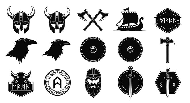 Viking Icons Set: Helmets, Axes, Ravens, Shields, Ship, Hammer, Sword, Beard