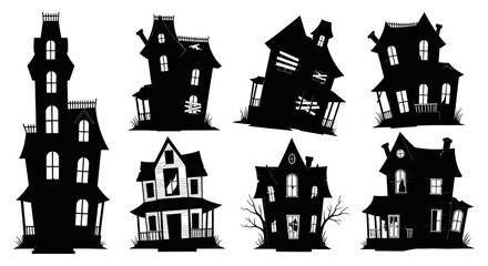 Spooky Haunted Houses Silhouette Vector Set - Halloween