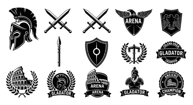 Ancient Roman Gladiator Helmets, Swords, Shields, Colosseum Icons - Vector Art
