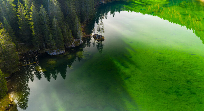 Aerial view of  Valagola green lake surrounded by evergreen trees, with a small island in the middle. Valagola Lake,Adamello Brenta Natural Park,Stenico,Trentino,Italy