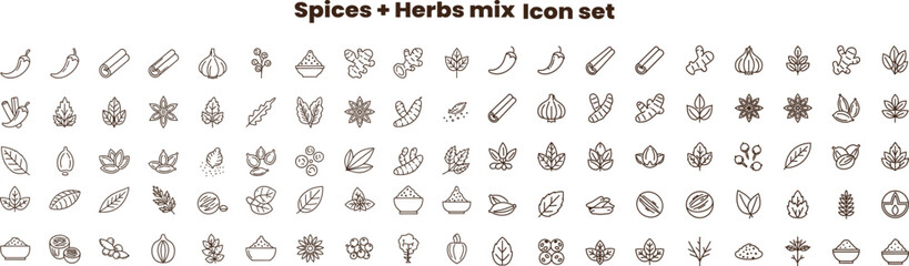 Set of 95 spices and herbs icons vector © Nusrath