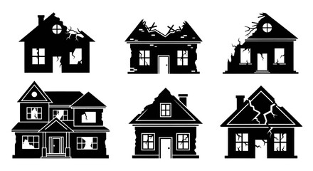 Set of Black Silhouettes of Damaged Houses, Destroyed Buildings