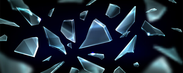 Shattered glass pieces flying in air, realistic vector background. 3d ice shards and crystal fragments with dynamic broken mirror effect. Window explosion texture on dark backdrop