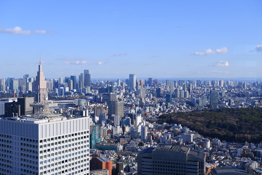 Aerial view of a vast modern cityscape with skyscrapers and city park
